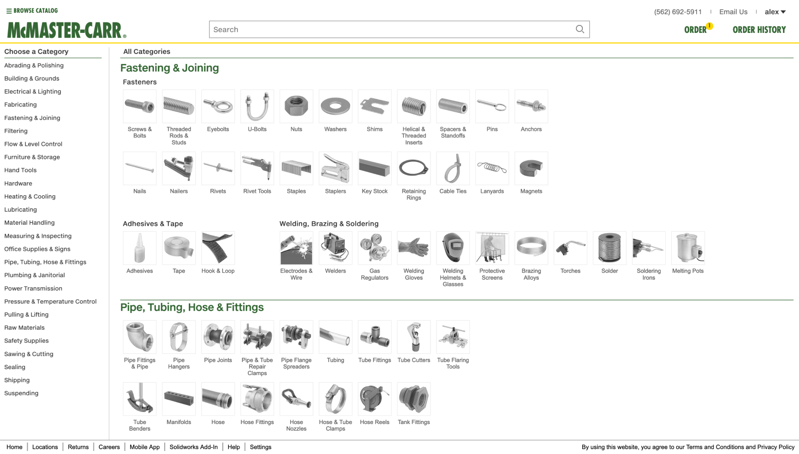 Screenshot of McMaster Carr homepage